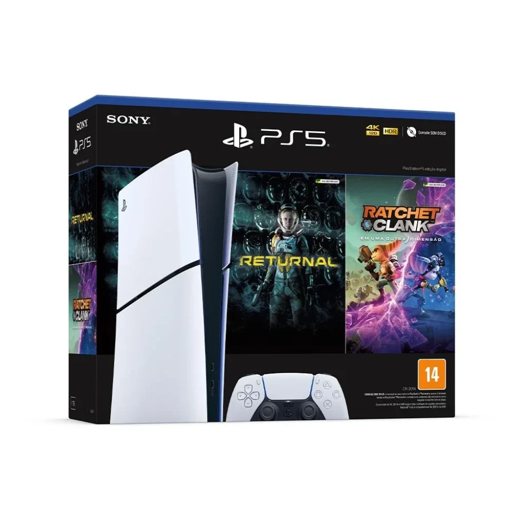 Console PlayStation 5 Slim Edição Digital branco com controle DualSense, em oferta exclusiva na KaBuM! com SSD de 1TB.